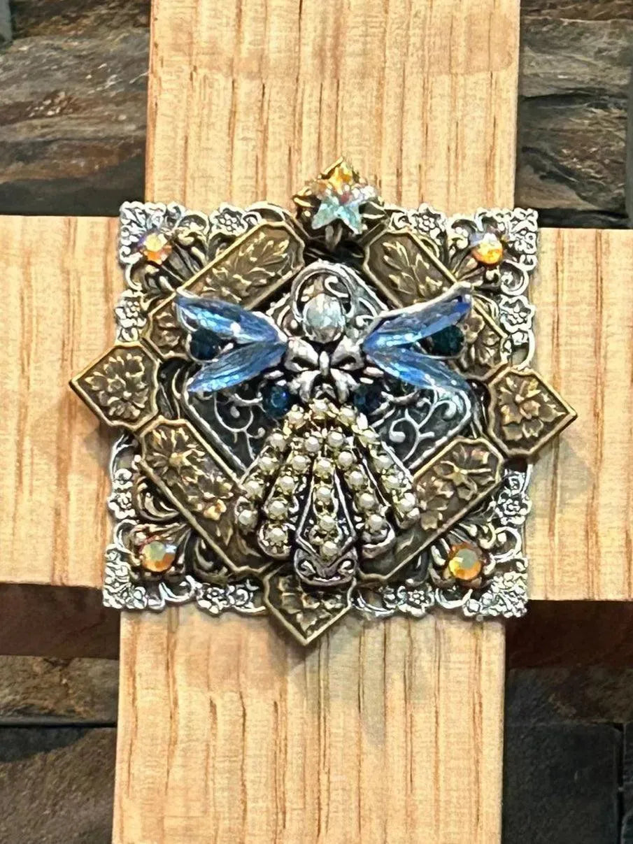 Jeweled oak cross with ornate metalwork and blue angel centerpiece, inspirational decor