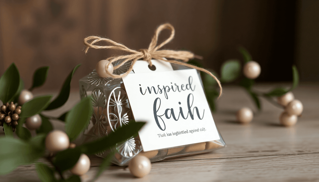 Inspirational handcrafted gift box with 'inspired faith' tag, rustic ribbon, and decorative greenery