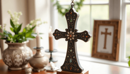 Jeweled decorative cross on wooden table with flowers, candles, framed cross art in background