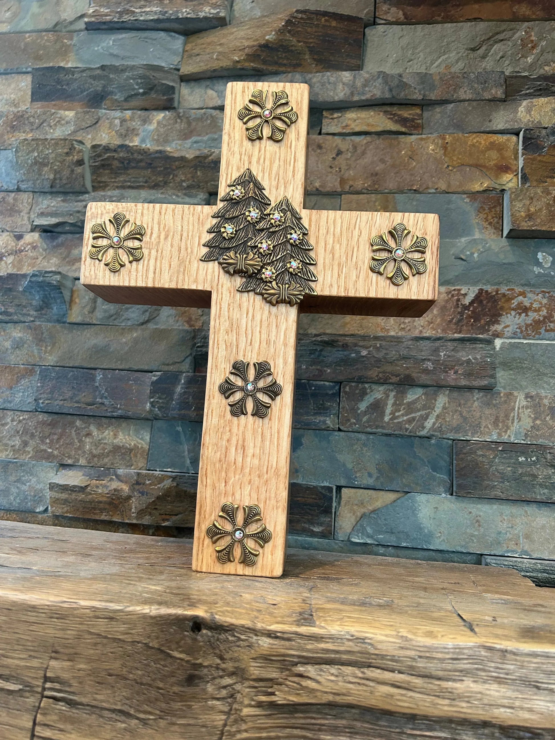 DAWC25007 - Wall Cross handcrafted f Quarter Swan Oak wood Jeweled with brass metal and crystal stones 