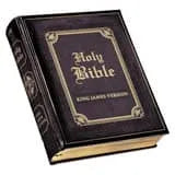 Dark brown faux leather King James Bible with gold embossed cover shown at an angle