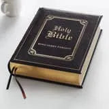 Dark brown faux leather King James Bible with gold-edged pages and front cover detail