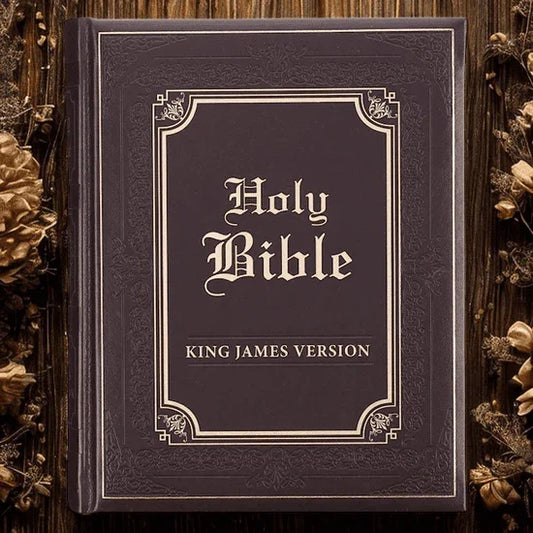 Dark brown faux leather King James Bible front cover, ornate border, moody lighting.