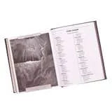 Open dark brown faux leather King James Bible with black and white illustrated pages