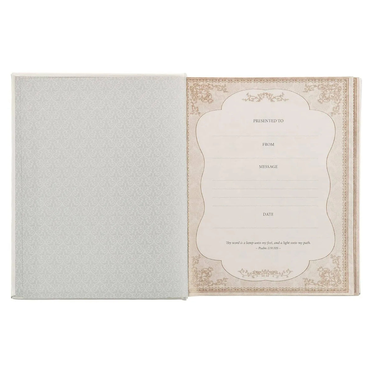White faux leather King James Bible open to ornate presentation page for personalized gifting