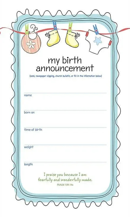 Blue birth announcement page with baby-themed illustrations and fill-in details for name, birth info, and Psalm 139:14a verse.