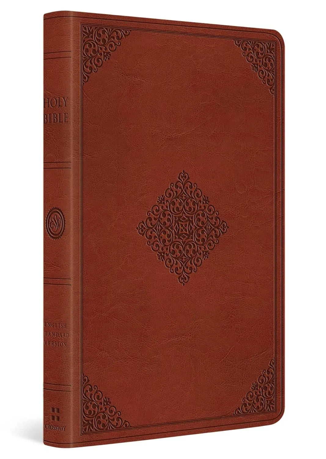 Brown large print thinline Bible with embossed decorative cover and spine, English Standard Version
