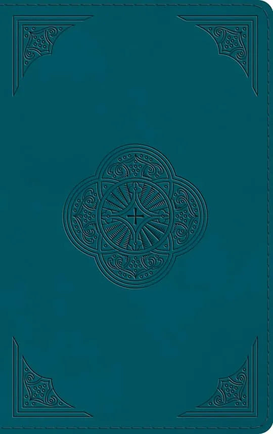 Teal leather Bible with embossed floral design and ornate corners