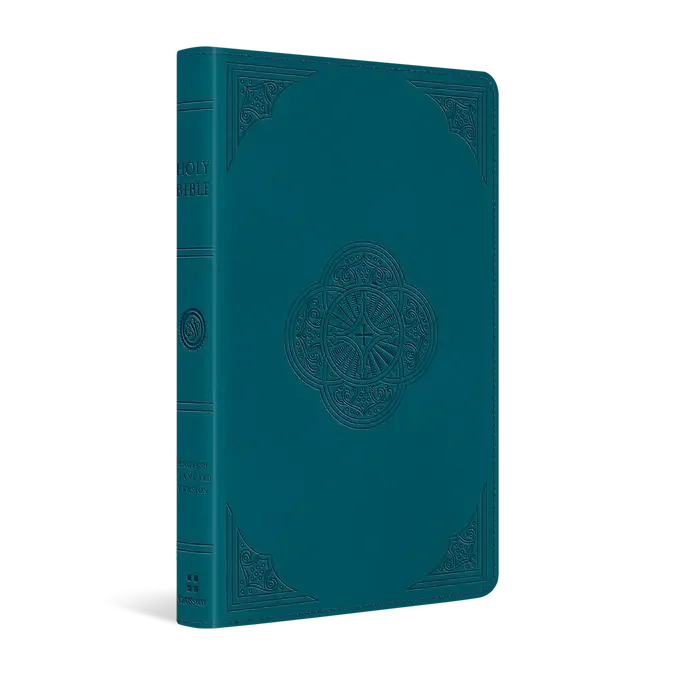 Teal leather thinline Holy Bible with embossed ornate cover and spine, standing upright