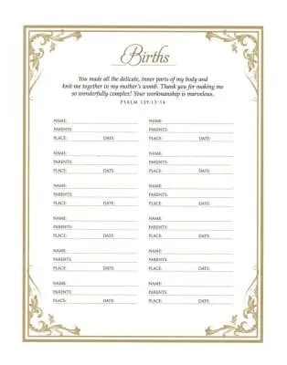 Family Heritage Bible births record page with gold decorative border and scripture verse.