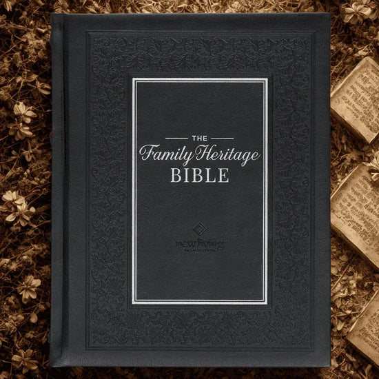 Black hardcover Family Heritage Bible with embossed floral border on a brown textured background