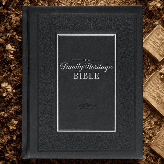 Black hardcover Family Heritage Bible with embossed floral border on a brown textured background