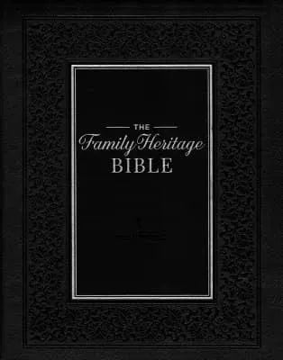 Black hardcover Family Heritage Bible with embossed ornate border design