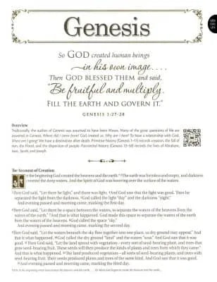 Family heritage Bible hardcover open to Genesis scripture page with elegant design.