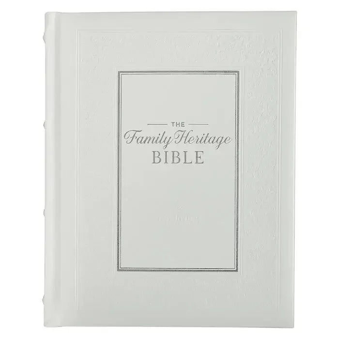White hardcover Family Heritage Bible with embossed front cover and silver lettering