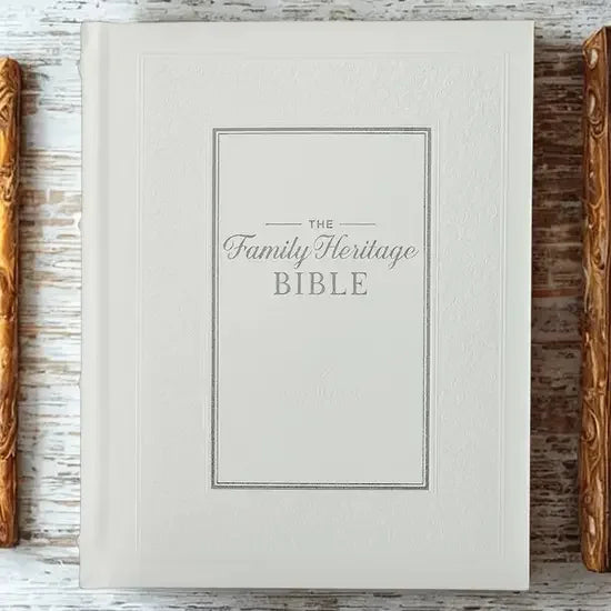 White Family Heritage Bible hardcover on rustic wood background, heirloom quality gift