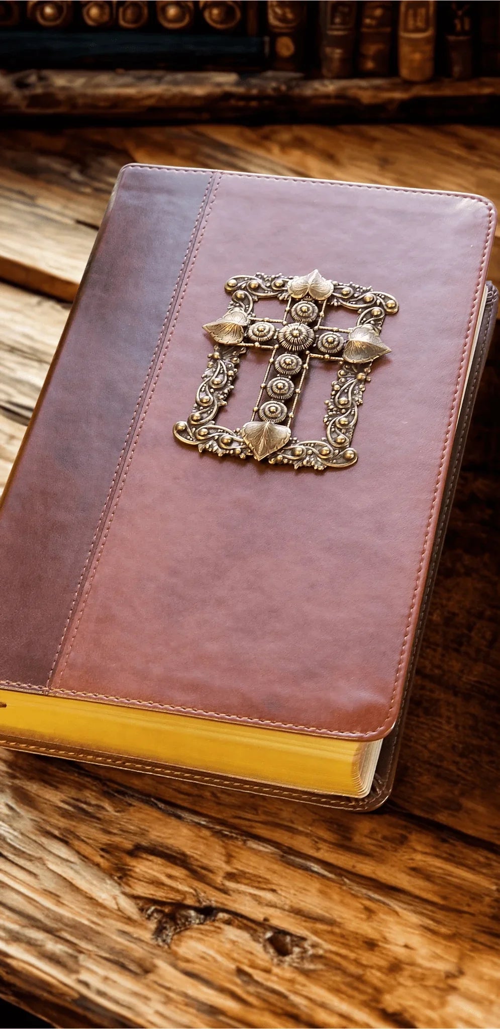 Brown leather KJV Bible with ornate jeweled cross on cover, gold-edged pages