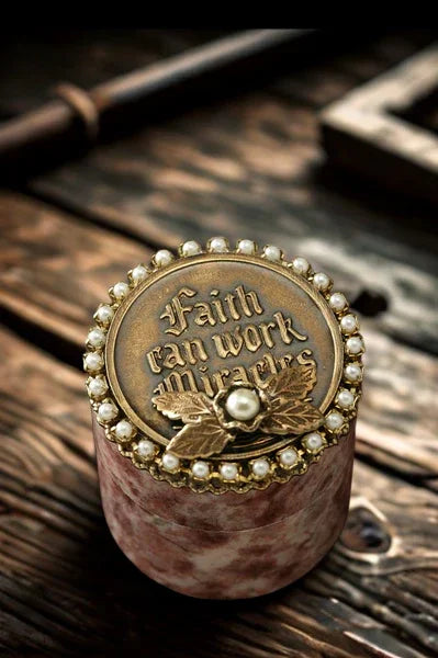 Jeweled faith keepsake box with pearl accents on rustic wooden surface, top view