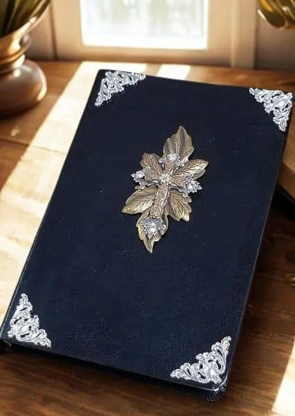 Jeweled NIV Bible with ornate silver corners and gold leaf cross on black cover by window light