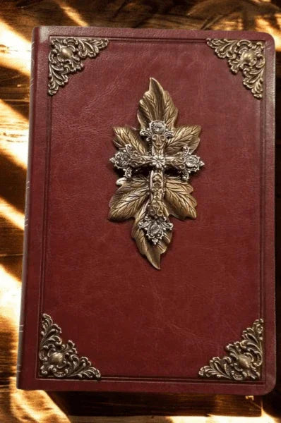 Jeweled NKJV Bible with gold leaf ornate cross on natural light brown leather cover