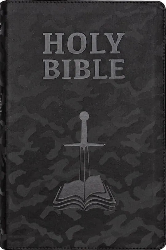 Children’s Bible with black camo cover, silver sword and open book embossing