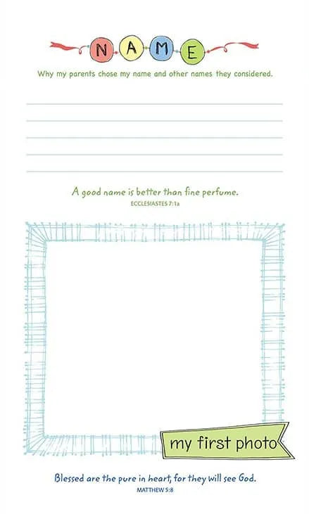 Baby Bible personalized name and first photo keepsake page with inspirational verses