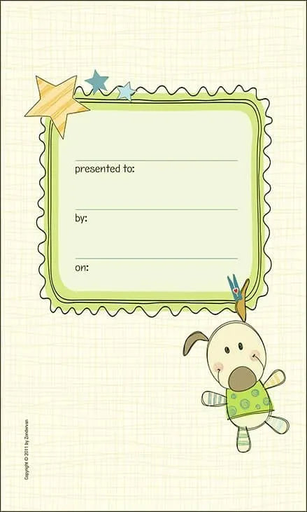 Baby Bible presentation page with green border, stars, and cute cartoon puppy design.
