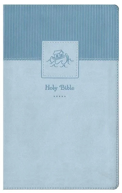 Blue leathersoft baby Bible with Noah's Ark illustration and soft stitched cover design.