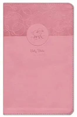 Pink leathersoft baby Bible with embossed lamb and decorative swirls on the cover.