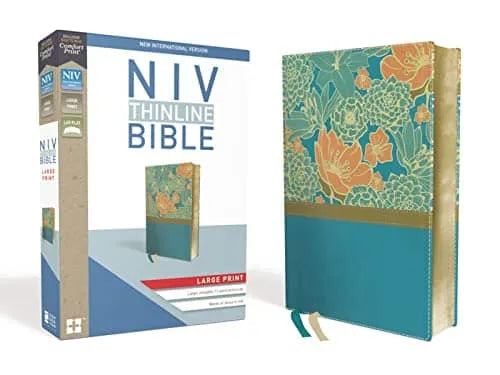 NIV large print thinline Bible with blue floral cover and matching packaging box