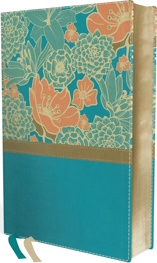 Large print Bible with teal and peach floral cover, gold edge, and decorative ribbons