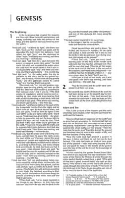 Bible page with Genesis beginning text in black font on white paper, featuring chapter 1 and 2.