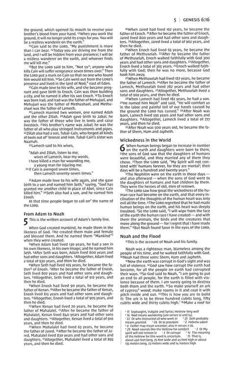 NIV Bible page showing Genesis text in black print on white paper, featuring chapter 5 and 6.