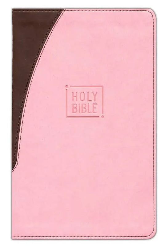 Holy Bible with soft pink and chocolate brown cover, elegant two-tone design