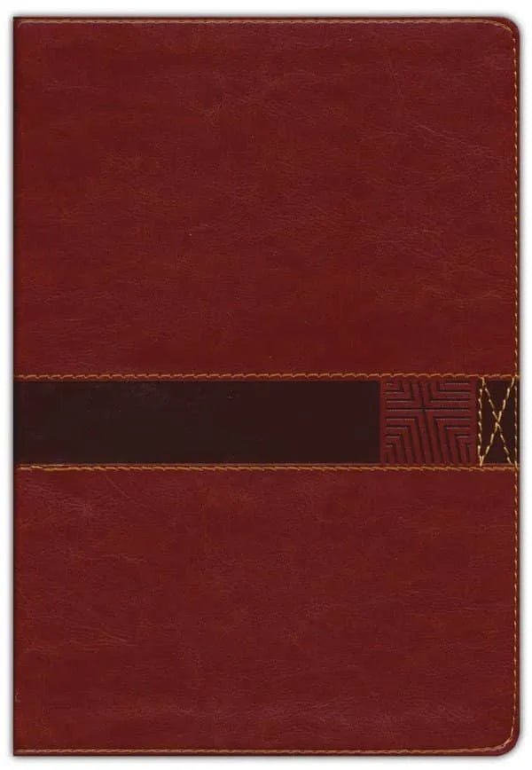 Brown leathersoft Bible cover with decorative stitching and embossed detail