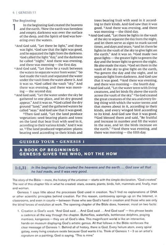 Open NIV Student Bible showing Genesis 1 scripture and study guide sections on inside page.