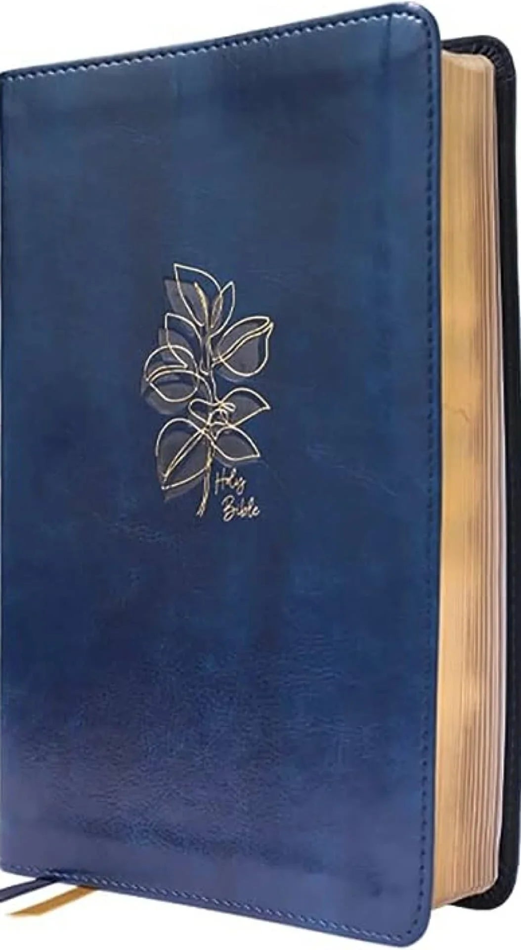 Navy leather devotional Bible with gold floral embossing and gilded page edges