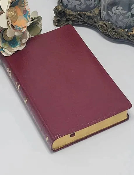 Burgundy genuine leather Bible with gold-edged pages on a decorative surface