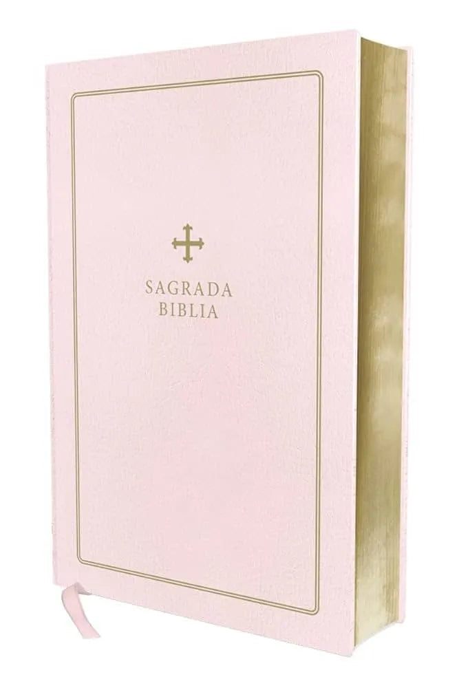 Pink leather Catholic Bible with gold lettering and gilded page edges, ideal for gifts