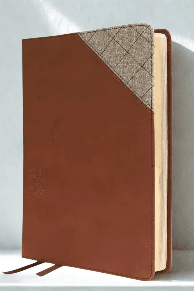 Brown leather Bible with quilted fabric corner and gilded page edges, side view