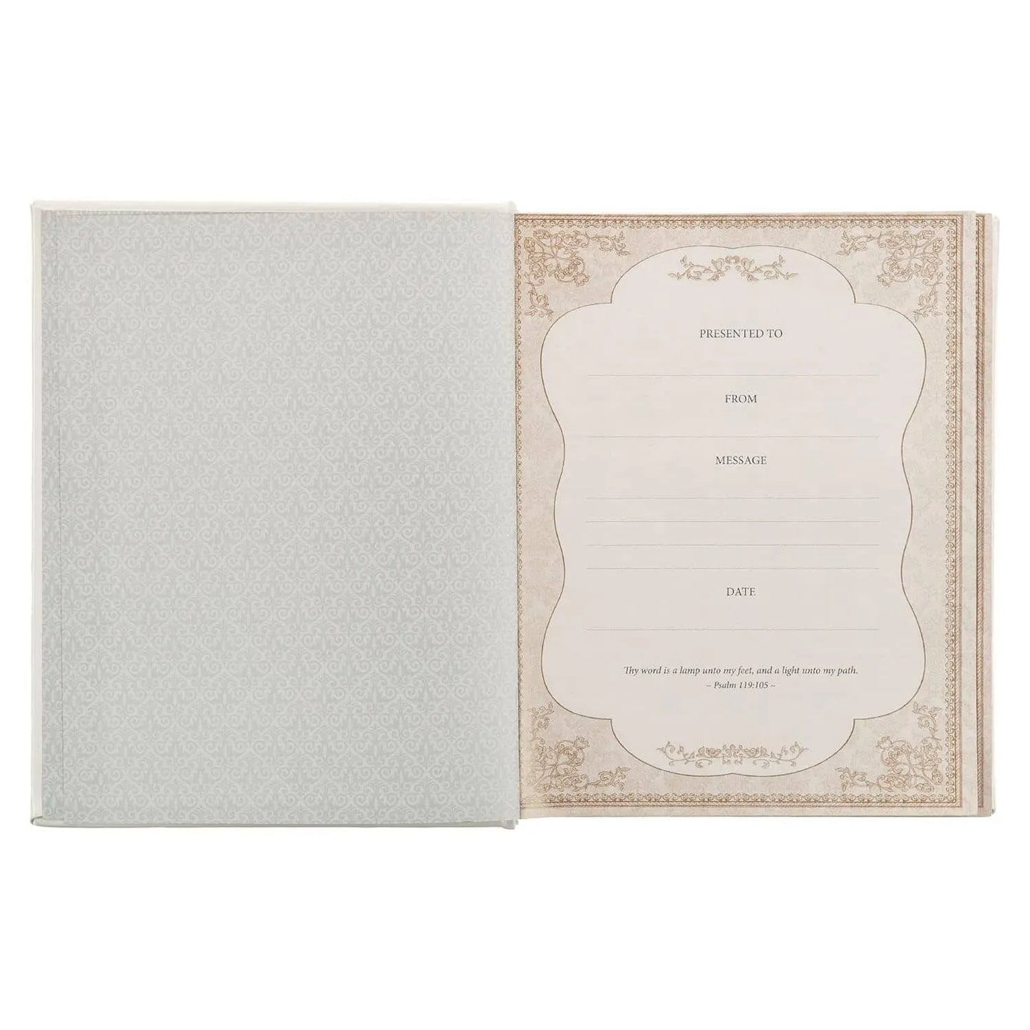 White faux leather King James Bible with ornate presentation page for personalized gifting