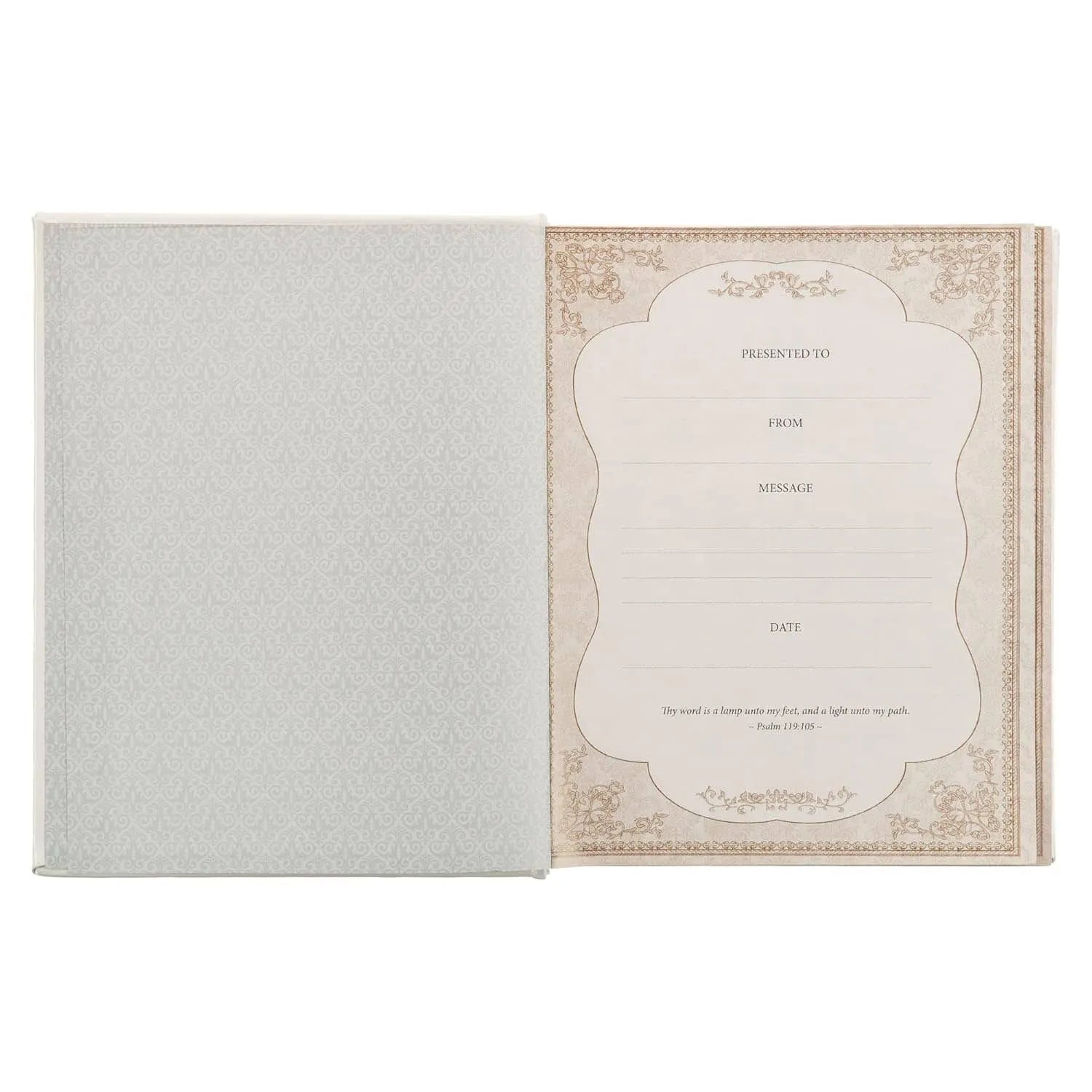 White faux leather King James Bible with ornate presentation page for personalized gifting
