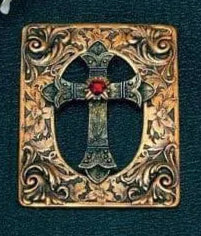 Ornate gold cross brooch with red gemstone centerpiece and intricate floral detailing