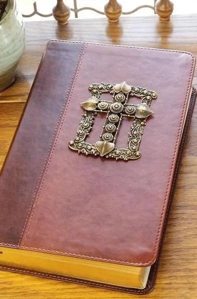 Brown leather KJV Bible with ornate jeweled cross embellishment on cover