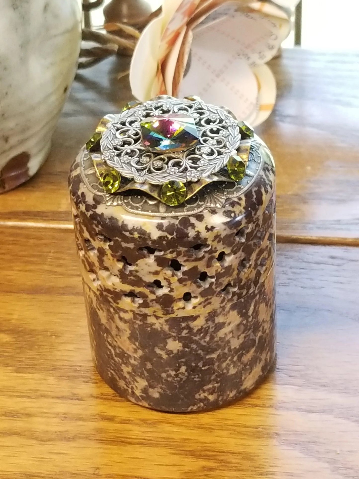 Handcrafted brown speckled soapstone keepsake box with jeweled decorative lid
