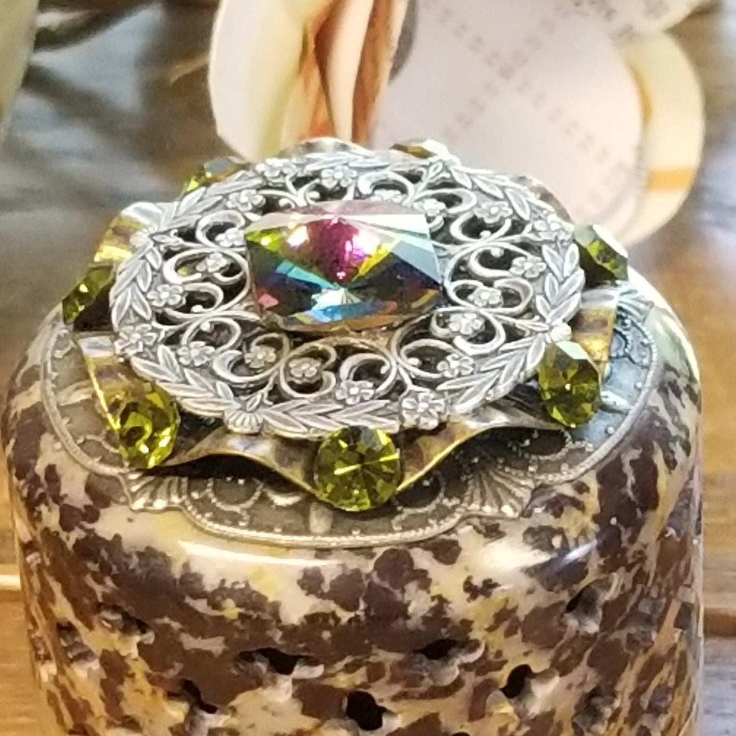 Handcrafted soapstone keepsake box with ornate silver filigree and crystal gemstones