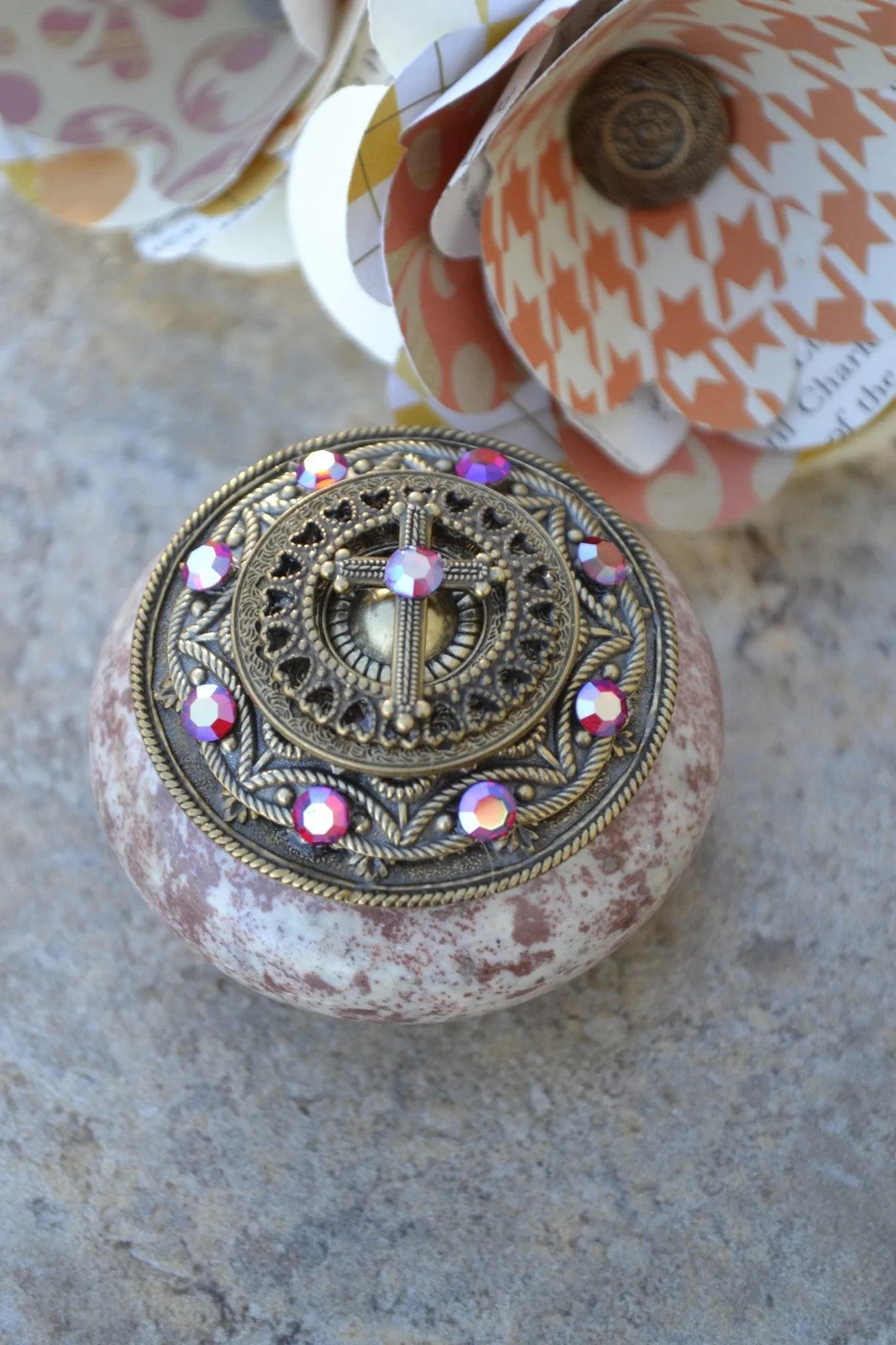 Ornate jeweled cross box with aurora borealis crystals and antique metal detailing