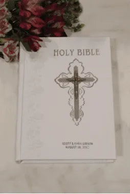 Jeweled Catholic wedding Bible with white cover and gold cross, personalized inscription