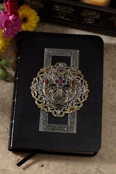 Jeweled compact Bible with ornate metal cross on black cover, decorative Christian gift