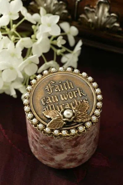 Jeweled faith keepsake box with pearl accents and 'Faith can work miracles' engraved lid